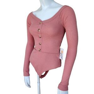 NWT Orange Kiss Pink Ribbed Long Sleeve Bodysuit (S)